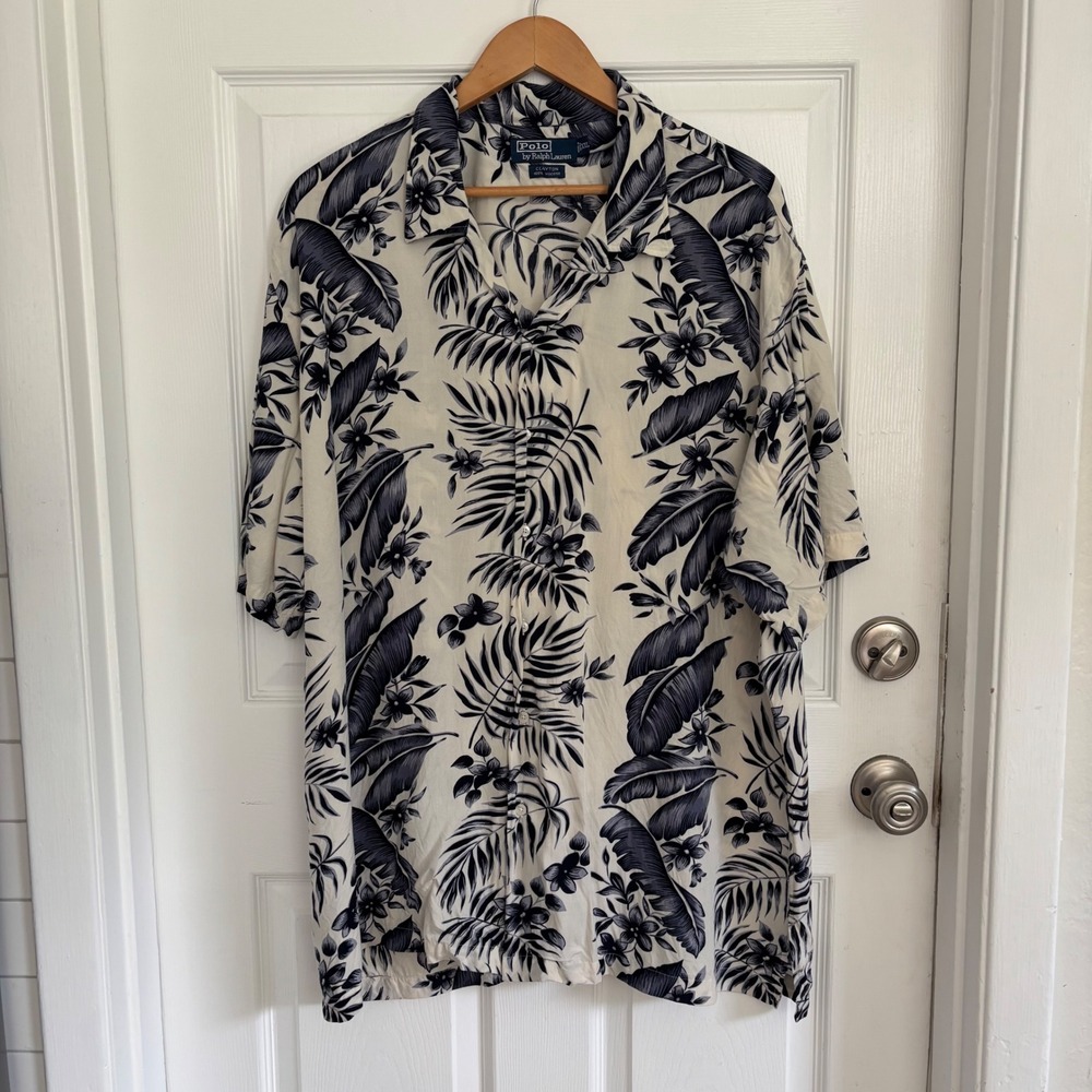 Polo Ralph Lauren Clayton Shirt XXL Navy Hawaiian Aloha Tropical Viscose Palm